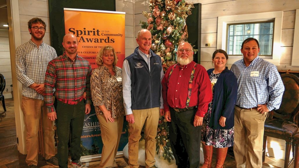 Left to Right: Carter Giegerich/Junior Appalachian Musicians-Arts & Culture Advocates of the Year, Drew English-Evergreen Award Winner, Stacy McNabb-Educator of the Year, Nat Turner-Citizen of the Year, Ralph Campbell-Volunteer of the Year, and Brandy and Mark Letson/Cashiers Valley Pharmacy-Businesspersons of the Year